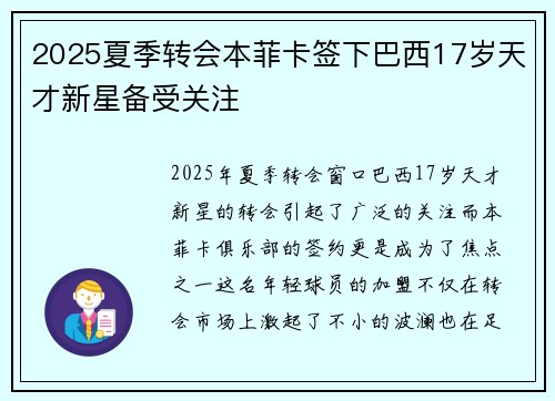 2025夏季转会本菲卡签下巴西17岁天才新星备受关注
